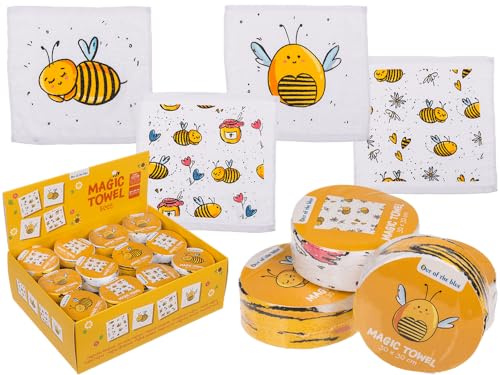 Palleon 12er Zauberhandtuch Set Bienen – 100% Baumwolle, 30x30 cm | Magische Mitgebsel für Kindergeburtstag, Adventskalender & Osternest – jedes Stück einzeln verpackt