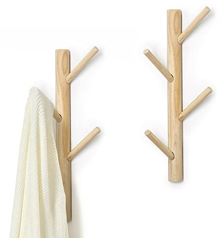 AceList Garderobe und Hutständer, stabiler Holz Garderobenständer, Kleiderhaken Wand mit 8 Hacken Flurgarderobe, 2 Stück (Holzfarbe)