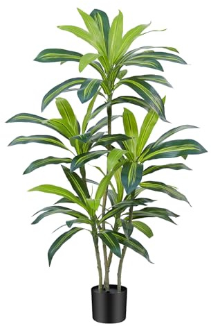 ZEEOZE Dracaena Plant Artificial Tree 4Ft Tall Fake Tropical Floor Plants Potted (Real Touch) Artificial Silk Tree Leaf Faux Trees Black Tall Planter for Home Office Living Room Indoor Outdoor Decor
