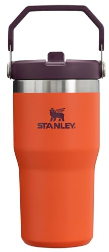 STANLEY IceFlow - Vaso con pajilla abatible con asa, 591 ml, tapa giratoria y pajilla abatible, botella de agua resistente a fugas, acero inoxidable aislado, sin BPA, ciruela tigrelo