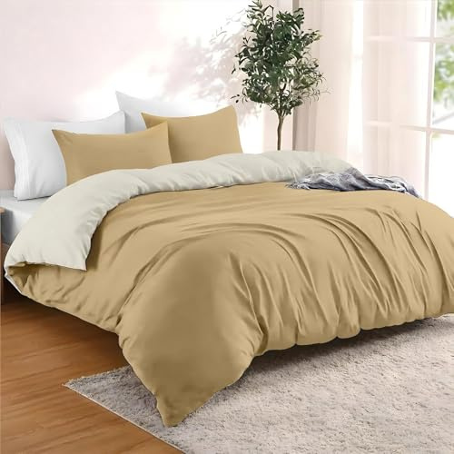Dreamzie - Bettwäsche Set 200x200 cm mit 2 Kissenbezügen 80x80 cm Beige/Sand - 1 Bettbezug 200x200 aus 100% Mikrofaser - Zertifiziert ohne Chemikalien (Oeko TEX)