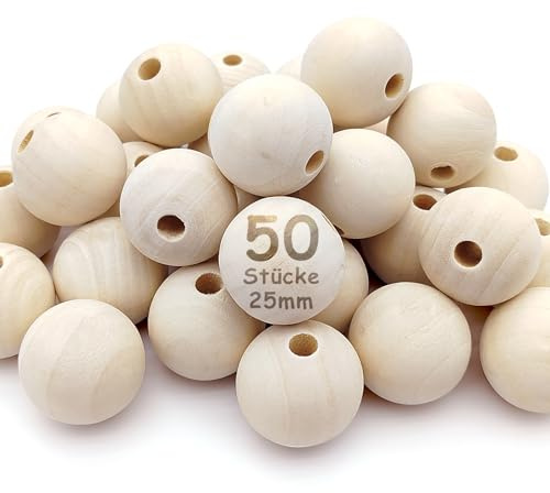 Kisvic Palline di Legno con Foro da 25 mm, 50 Pezzi, Rotonde di Legno Naturale Grandi sfere per Braccialetti da Infilare per Decorazioni Fai da Te Fatte a Mano