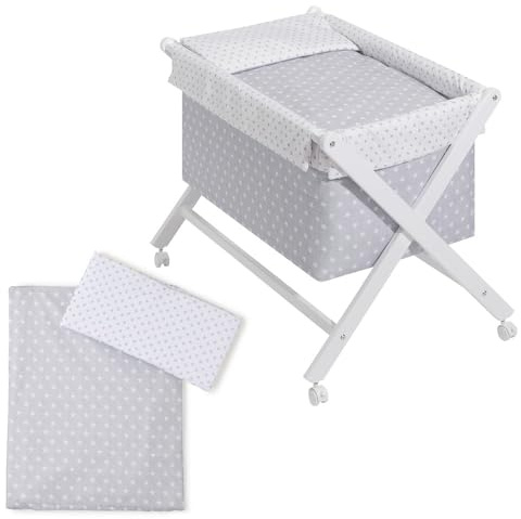 Danielstore Minicuna Plegable | 90x55x72 cm, Madera lacada, colchón Incluido | Ruedas con Freno, Textil algodón, fácil Montaje | Confort y Seguridad para bebé (Gris Estrellas Blanco)