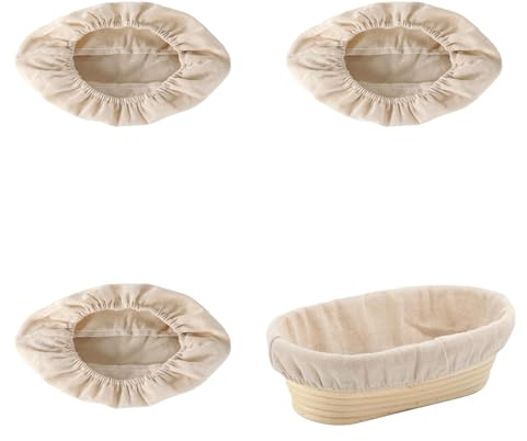 Quixotical 3 Pcs Bread Proofing Basket Cover, Oval 10 Inch, Beige Cotton Linen Liner with Elastic Waistband for Baking