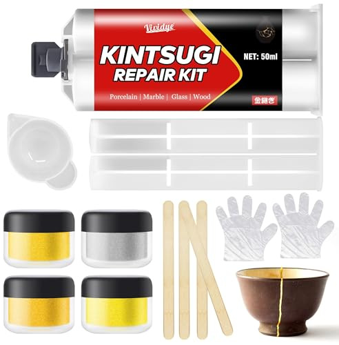 Kintsugi Kit de Reparación 50ml, Apto Para Lavavajillas, Kit de Ceramica para la Reparación de Cuencos, Tazas, Platillos, Jarrones, Reparación Perfecta de Regalos Significativos y Artesanías