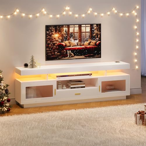 Hochglanz TV Schrank Weiß TV Lowboard 150x40x60 cm, Moderner TV Bank mit LED-Beleuchtung, 2 Glastüren, 1 Schublade, offene Fächer, Kabelmanagement, Goldener Griff, Fernsehtisch für TV bis zu 60 Zoll