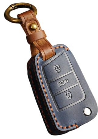 Happyit Leder-Autoschlüssel-Hülle für VW Polo Skoda Octavia A7 Kodiaq Seat Ateca Leon Golf 7 Flip 3 Tasten (blau)