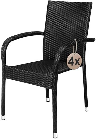 Casaria® Lot de 4 chaises de Jardin Noires empilables polyrotin accoudoirs arrondis Fauteuil extérieur terrasse Balcon
