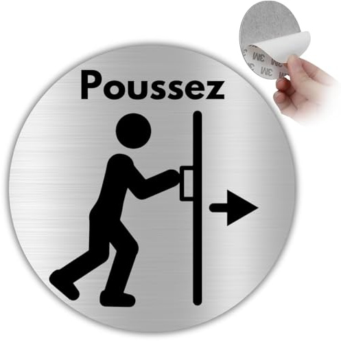 LEIASA | Panneau Pousser Porte - Ø 100 mm - Aluminium - Ouverture en Avant | Autocollant Poussez, Plaque Sens de Passage, Signal Poignée Ronde, Sticker Push, Pancarte Battant, Panonceau Sortie
