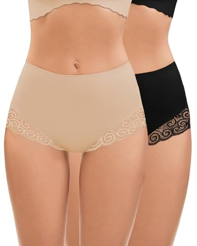 WOWENY Shapewear - Mutande da donna per la pancia con pizzo, modellante, nero e beige, M