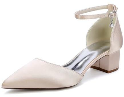 TNMIUH Scarpe da Sposa comode con Tacco Basso e Blocco da Donna Chiuse con Punta affilata Cinturino alla Caviglia décolleté in Raso Scarpe Eleganti con Tacco Basso,Champagne,36 EU