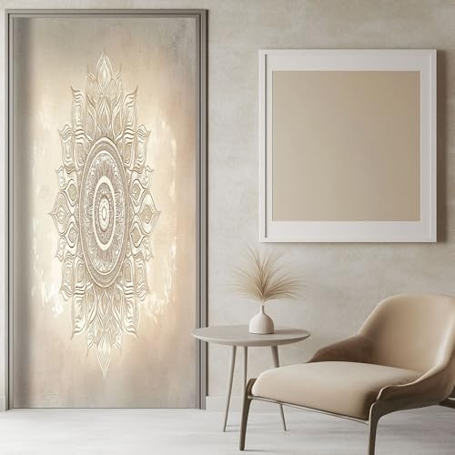 Tür Tapeten Selbstklebend Grunge-Hintergrund mit Mandala-Druck 100x200 cm Beige Türposter Türaufkleber Wasserdicht Abnehmbare Vinyl Türfolie Fototapete Diy Wandbild Schlafzimmer Badezimmer