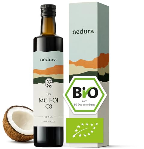 nedura® BIO MCT-Öl C8 - aus 100% BIO-Kokosöl - Ketone - In eigener Deutscher Manufaktur abgefüllt - Hochwertig, rein, vegan und geschmacksneutral mit 60% C8 Anteil - 500ml Glasflasche