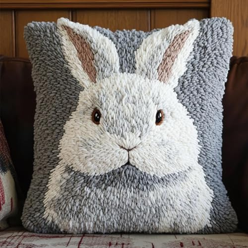Latch Hook Cushion Kits for Adults White Rabbit Grey Rug Cover Pillowcase Kids Beginner DIY Needlework Embroidery Kits Handmade Set Craft Sofa Home Decor 43x43cm,1pcs