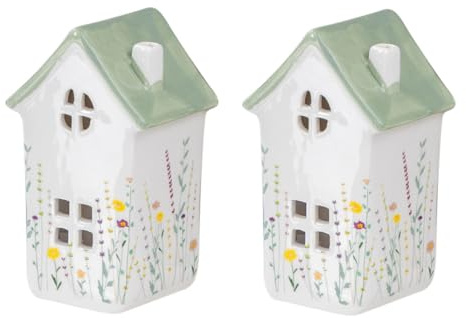 levandeo 2er Set Windlicht Häuser Grün Porzellan Teelichthalter Blume Frühling Tischdeko Blumenmuster Deko Kerze Kerzenhalter
