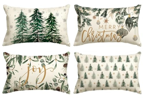 Artoid Mode Lot de 4 housses de coussin décoratives de Noël avec boules de pin, eucalyptus, flocons de neige, 30 x 50 cm