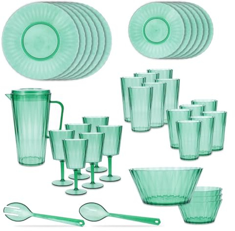 Quid Vajilla de Ps – Poliestireno Iris 36 piezas para 6 personas | Verde, diseño otras formas, acabado con relieve, apta para microondas y frigorífico