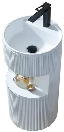 Standwaschbecken, abgerundetes Waschbecken, Standwaschbecken aus Stein, bodenstehendes Säulenwaschbecken mit Stauraum, Badezimmer-Standwaschbecken-Kombination mit Wasserh,White-b