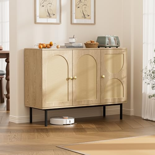 BonVache Buffet, Armario de Cocina con 3 Puertas, Aparador de Ratán, Cómoda con Estantes Ajustables, Armario de Comedor, Mueble de Almacenamiento para Cocina, Comedor, Sala de Estar, Dormitorio