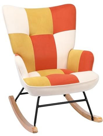 Matomn Schaukelstuhl Sessel Patchwork mit Metallgestell und Holzsockel Skandinavischer Schaukelsessel Retro Sessel Wohnzimmer Relaxstuhl Polstersessel für Schlafzimmer Hotel Orange