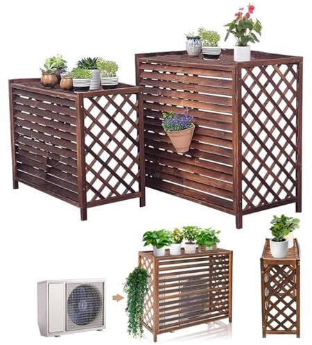 HRXQ Copri Condizionatore da Esterno in Legno Massiccio Carbonizzato, Supporto per Fiori E Copertura per Radiatore per Nascondere Le unità Esterne del Climatizzatore E Proteggerle dal Sole(Large)