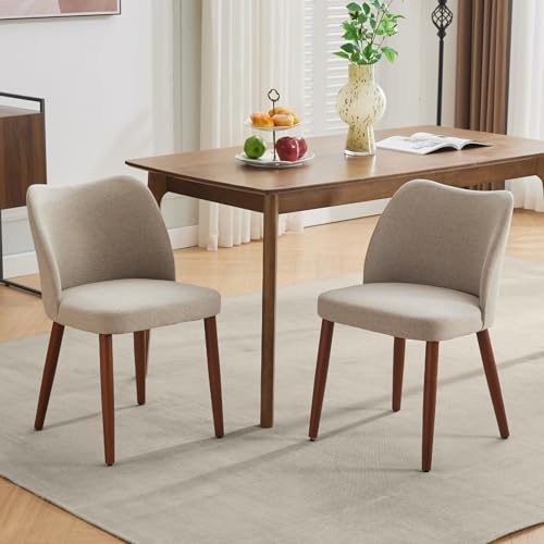 ElfinAura Dining Chair Set of 2, Linen Upholstered Dining Chair with Wood Legs, Wing Backrest, Wooden Kitchen Chair, Kitchen Chairs with Thick Cushions for Dining Room, Living Room, Khaki