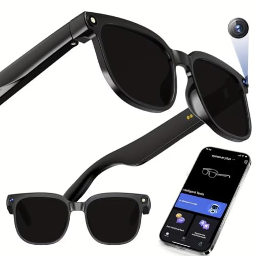 AI - Occhiali intelligenti con fotocamera, lenti fotocromatiche, chiamate Bluetooth, assistente vocale, lettore musicale, traduzione e registrazione video (1, nero)