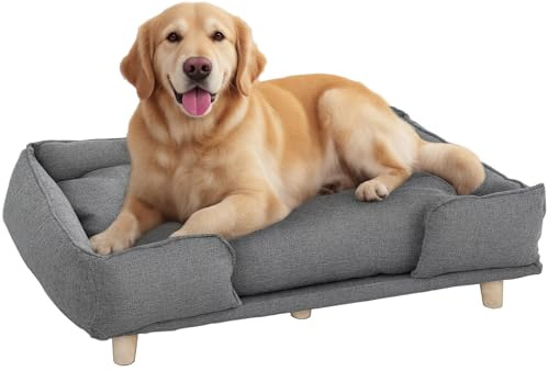 PawHut Sofá para perros con respaldo, patas de madera, cama para perros con poliéster, sofá para mascotas y gatos, para perros grandes de hasta 30 kg y 60 cm de altura de hombro, 96 x 66 x 24 cm