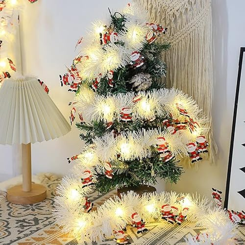 Weihnachtsgirlande mit Beleuchtung,10M 100 LED Girlande Weihnachten Beleuchtet wasserdichte Weihnachtsdeko Girlande Batteriebe Tannengirlande Künstlich für Weihnachtsbaum Treppe Innen (Weiß, 10m)