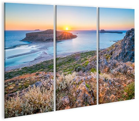 islandburner Leinwandbild Sonnenuntergang Über Balos Strand Kreta Griechenland Insel Gramvousa S - Leinwand 130x80cm - 3 Teile