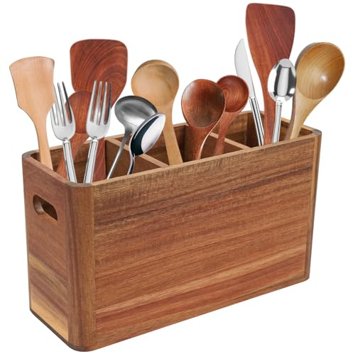 Yallmie Bote para Utensilios de Cocina Madera, Portarcubiertos de Madera con 3 Compartimentos Recipiente para Utensilios de Cocina para Cucharas, Horquillas, Cuchillos y Almacenamiento de Utensilios