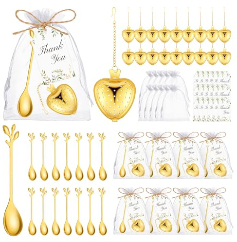 50 Sets Bridal Shower Tea Party Favor for Guests Leaf Tea Spoon Heart Tea Infuser for Loose Leaf Tea Steeper with Thank You Card Organza Bags for Wedding Decoration Gift Souvenirs (50, Gold)