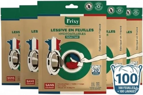 FRIXY - LESSIVE EN FEUILLES - Pack de 5 sachets (soit 100 feuilles) - Fabriquée en FRANCE - Pré-dosée (1 feuille = 1 lessive) - 100% hydrosoluble - Facile à utiliser et ranger