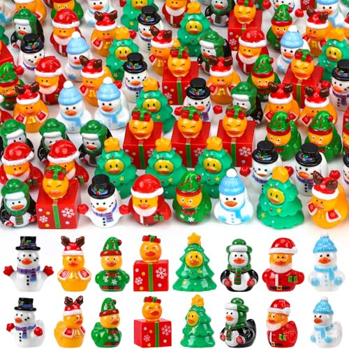 120Pcs Christmas Mini Ducks 8 Style Miniature Resin Ducks Bulk Xmas Tree Snowman Santa Reindeer Elf Gift Box Duck Figurines for Christmas Holiday Party Gifts Stocking Fillers Dollhouse Decorations