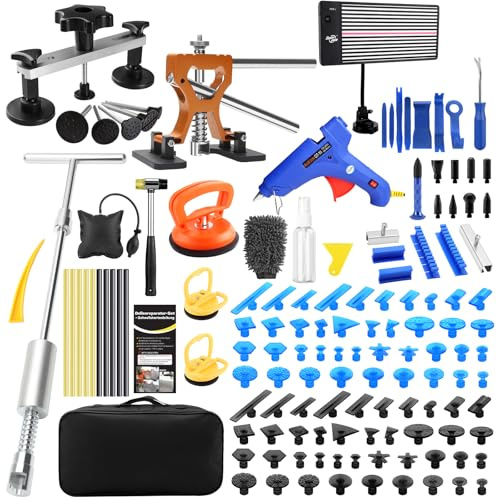 Dellen Reparaturset Auto – PDR Ausbeulwerkzeug Set lackfrei mit LED Dent Board, Gleithammer, Zugbrücke & Dent Puller – Für Auto Beulen, Hagelschäden, kleine & große Dellen