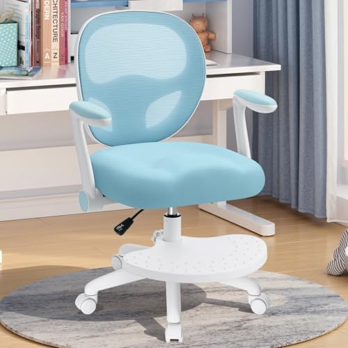 HOFFREE Kinder Schreibtischstuhl Ergonomischer Lernstuhl mit Klappbarer Armlehne & Fußstütze Drehbar Kinder-Computerstühle Geeignet für Mädchen und Jungen Netztisch-Stuhl für Schlafzimmer Bücher Blau