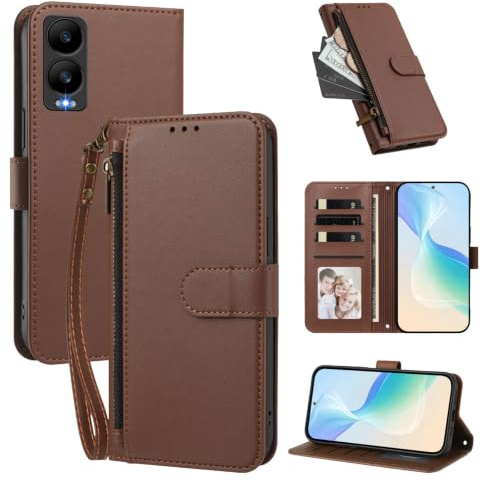 Telefonfodral Kompatibel med Cricket Debut S3 (U572AC),Kompatibel med AT&T Vista 2【Plånbok med dragkedja och handledsrem Kortfack Uppfällbart stativ】Brown