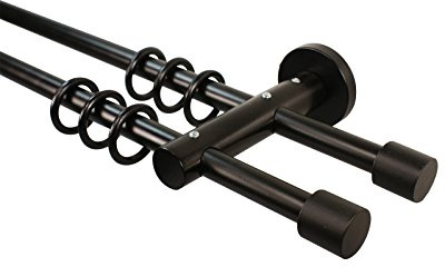 Gardinenstangen 2-läufig 16 mm aus Metall und Holz Schwarz Endstück Kappe, 200 cm