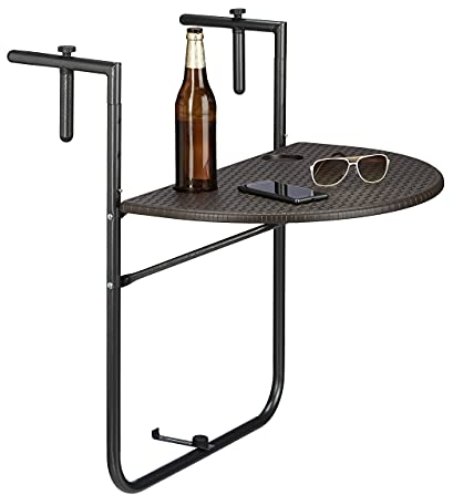 Relaxdays Mesa Plegable Balcón Colgante Bastian, 3 Alturas, Mesilla Efecto Ratán, Tablero de 60x40cm, Barandilla, Marrón