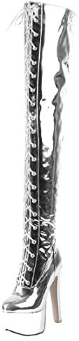 MISSUIT Damen Overknee Stiefel High Heels Lack Plateau Stiefel Stiletto Schnürung Reißverschluss über Knie Stiefel(Silber,45)