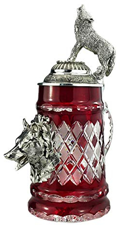 KING Kristall Bierkrug, 0,5 Liter Bierseidel, rot, mit Wolf und Wolfdeckel