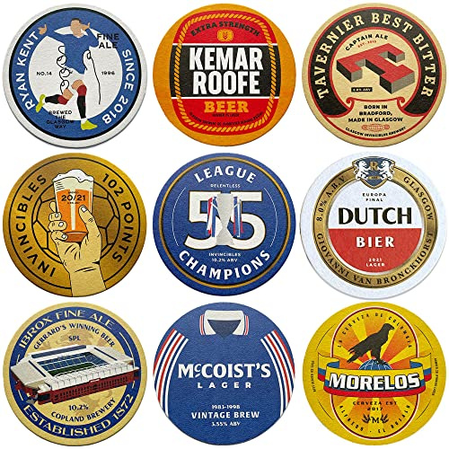 Boot & Ball Rangers FC Beer Mats for Home Pub – 9 Football Inspired Coasters – Traditional Pulp Board Bar Mats – Beer Gifts for Men – Made in the UK