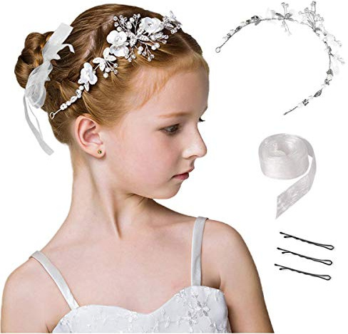VIKSAUN Haarschmuck Prinzessin Weiße Blume Kopfschmuck Perlenhaar Kleid Kristall Braut Hochzeit Blumenbraut-Haarschmuck für Frauen und Mädchen (White)