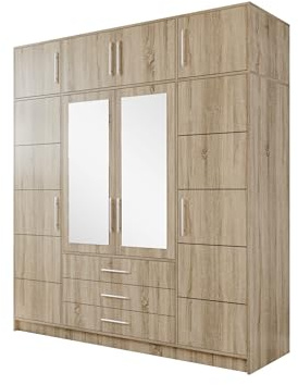 Mirjan24 Drehtürenschrank + Schrankaufsatz Bado 4D, Kleiderschrank mit Spiegel, Schubladen und Spiegeltüren, Elegantes Schlafzimmer Schrank, Jugendzimmer (Sonoma Eiche)