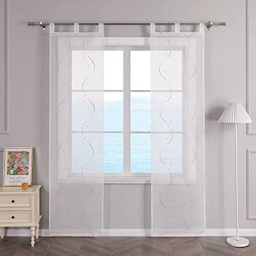 ESLIR Skjutgardiner voile ytgardiner set om 2 skjutgardiner vardagsrum gardiner med öglor transparent gardin broderad sand B x H 57 x 225 cm, 2 stycken