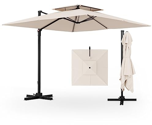 Tangkula 9.5 FT Cantilever Patio Umbrella, Outdoor Square Offset Umbrella with 360° Rotation, Double Top Heavy Duty Patio Hanging Umbrella with Cross Base for Garden Deck Pool Backyard (Beige)