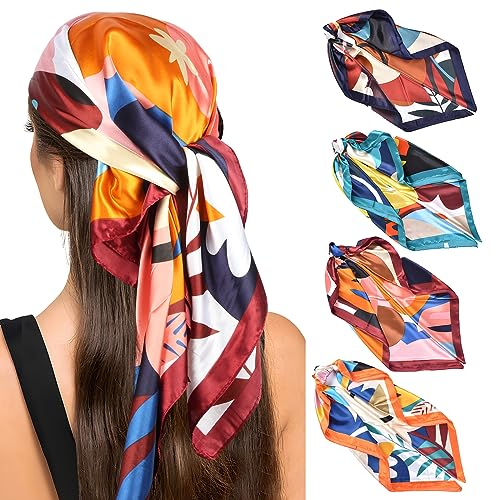 XIEJ 4 Stück Kopftuch Seidentuch Halstuch für Damen, 90x90cm Kopftuch Damen Sommer, Satin Bandana Mädchen Headscarf Haarschmuck, Stilvolle Seidentuch Kopftücher