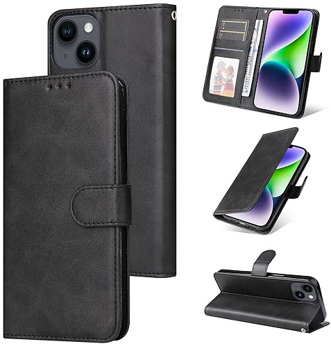 E-Lush Handyhülle für iPhone 14 Hülle Leder PU, Magnet Klapphülle Flip Wallet Kartenfach 360 Stoßfeste RFID Schutzhülle für iPhone 14 Hülle mit Standfunktion, Schwarz