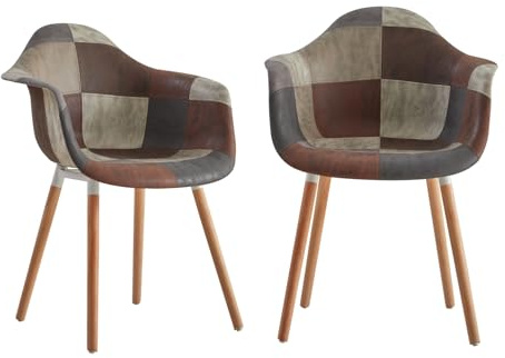 HJhomeheart 2er Esszimmerstühle aus Patchwork-Stoff mit Armlehnen, moderner Design-Sessel, skandinavischer Küchenstuhl aus Buchenholz (A5-Braun)