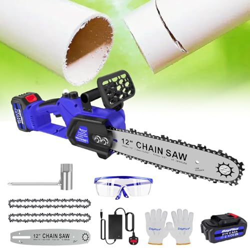Akku Motorsäge, 12 Zoll Akku Kettensäge, Tragbar Elektro Astsäge mit 21V 4000mAh Akku und 2 Ketten, Spritzwassergeschützte Brille, Rutschfeste Sicherheitshandschuhe und Ladegerät